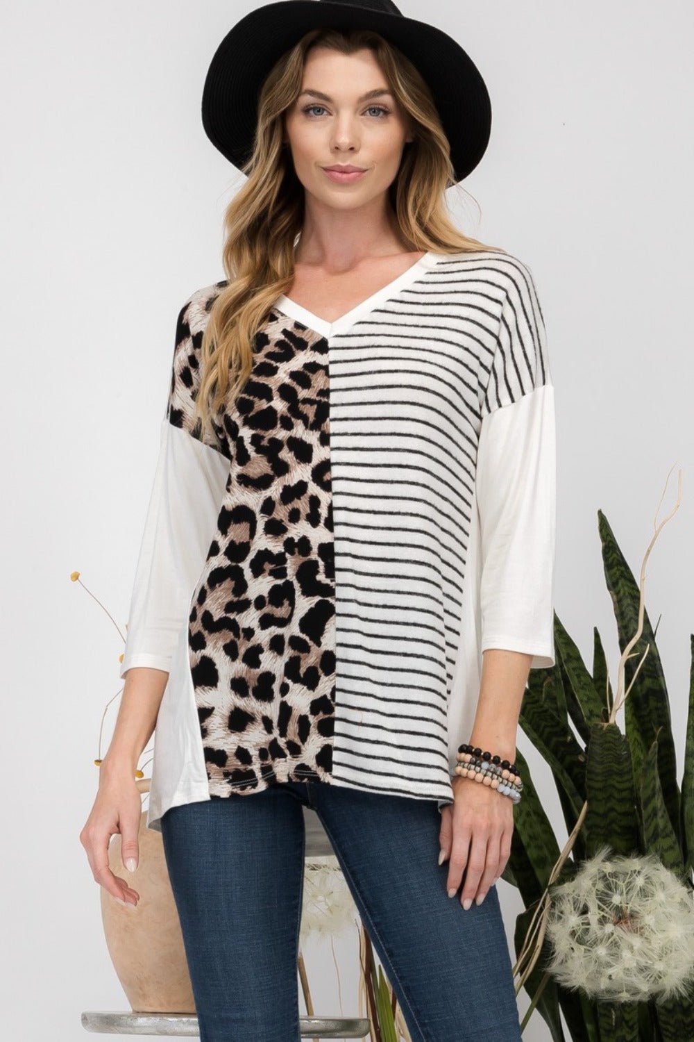 Celeste Full Size Front Leopard and Striped Print V - Neck T-Shirt - Runway Regalia