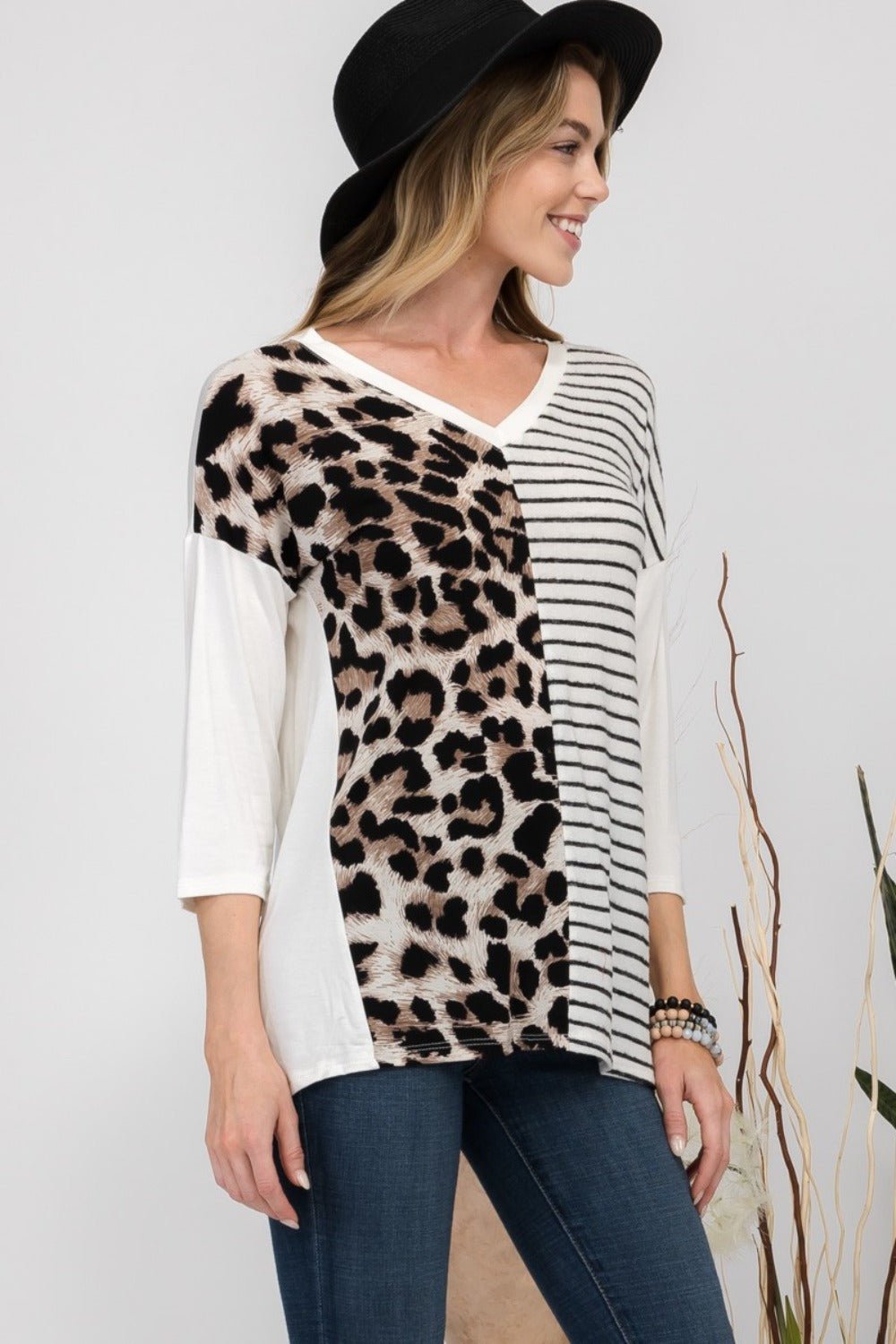 Celeste Full Size Front Leopard and Striped Print V - Neck T-Shirt - Runway Regalia