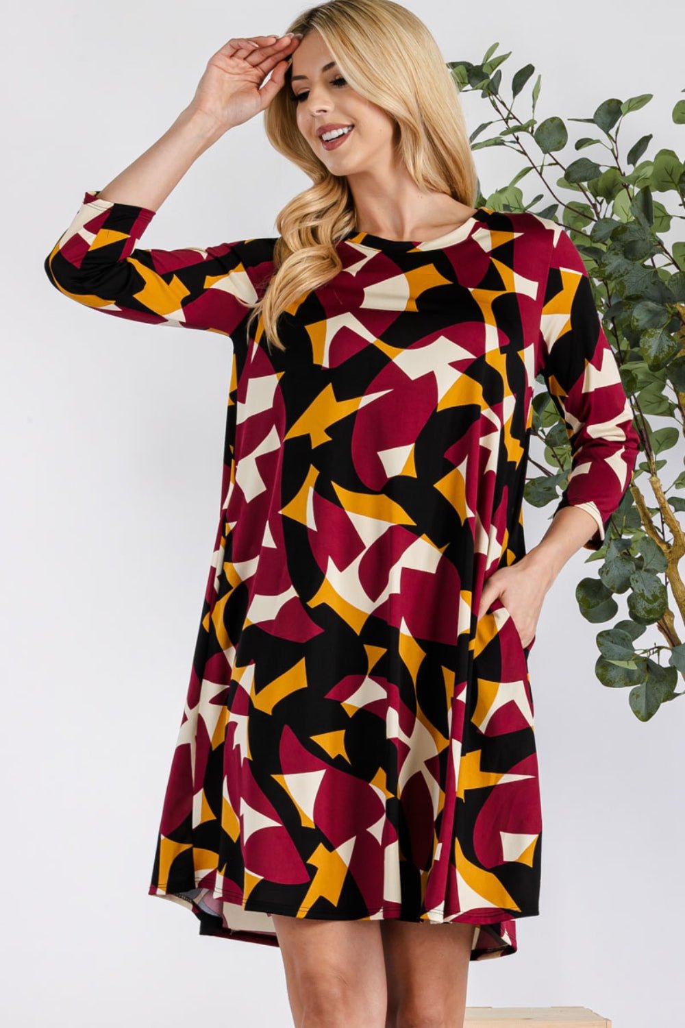 Celeste Full Size Geometric Round Neck Dress with Pockets - Runway Regalia