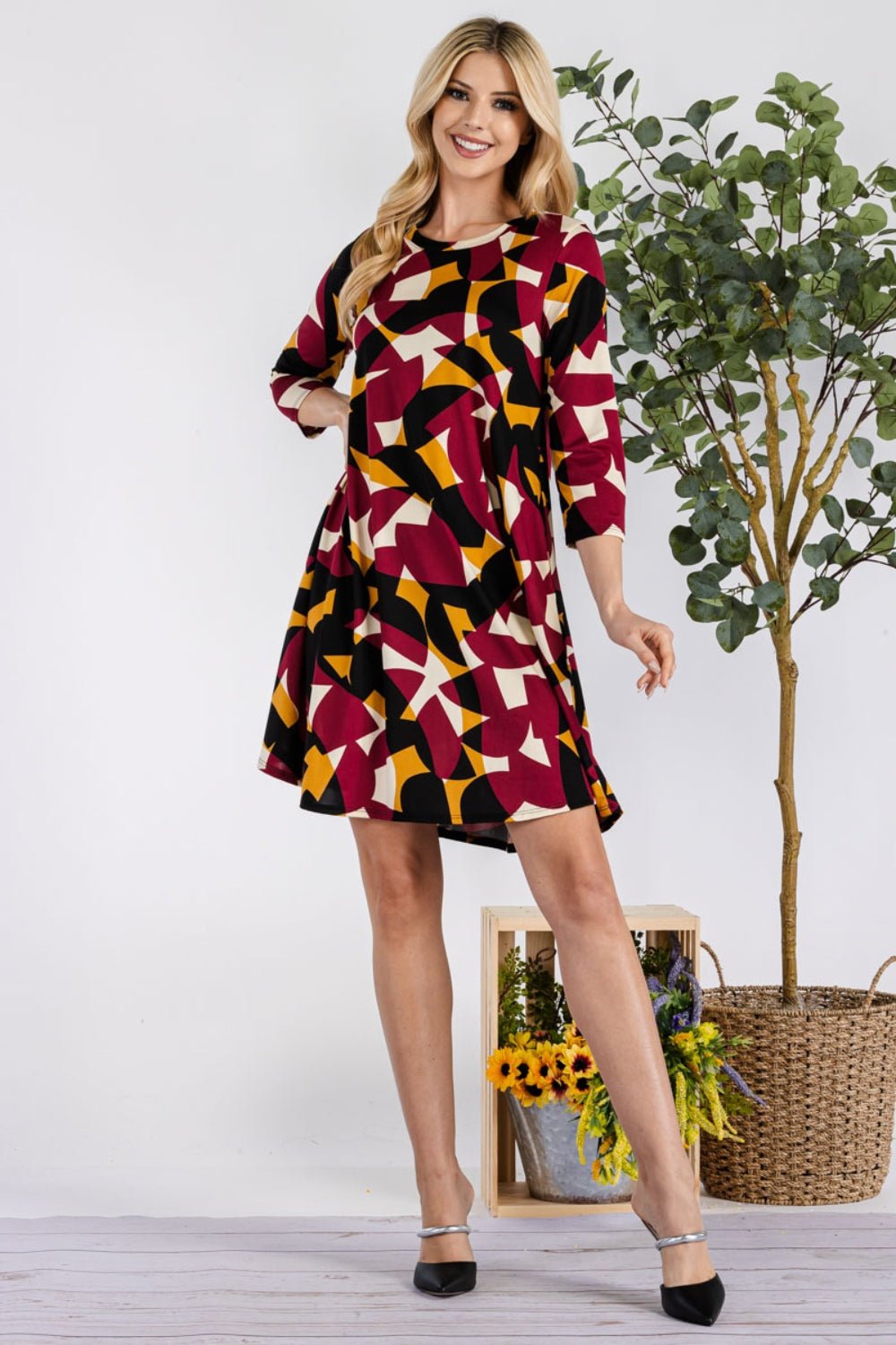 Celeste Full Size Geometric Round Neck Dress with Pockets - Runway Regalia