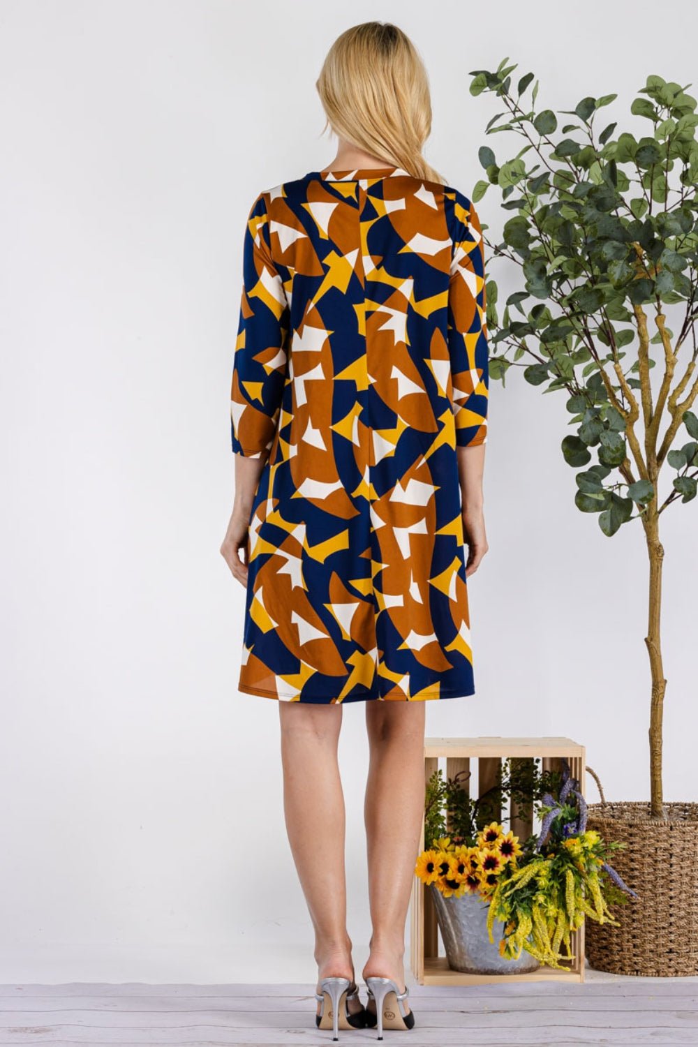 Celeste Full Size Geometric Round Neck Dress with Pockets - Runway Regalia