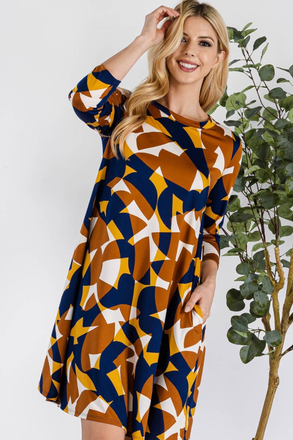 Celeste Full Size Geometric Round Neck Dress with Pockets - Runway Regalia