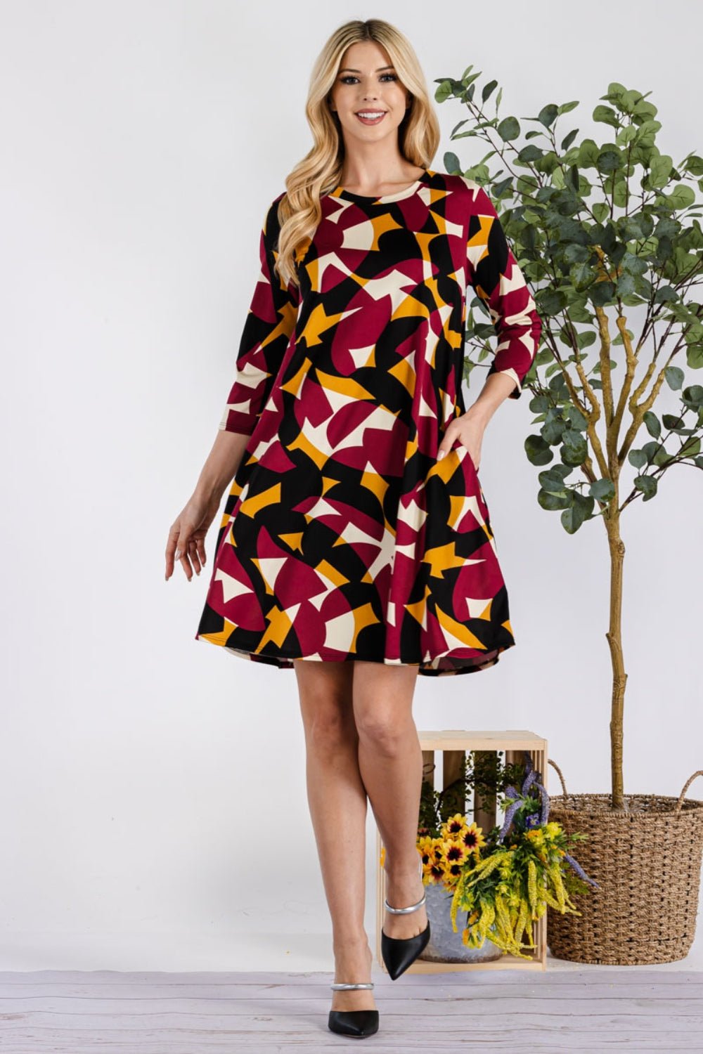 Celeste Full Size Geometric Round Neck Dress with Pockets - Runway Regalia