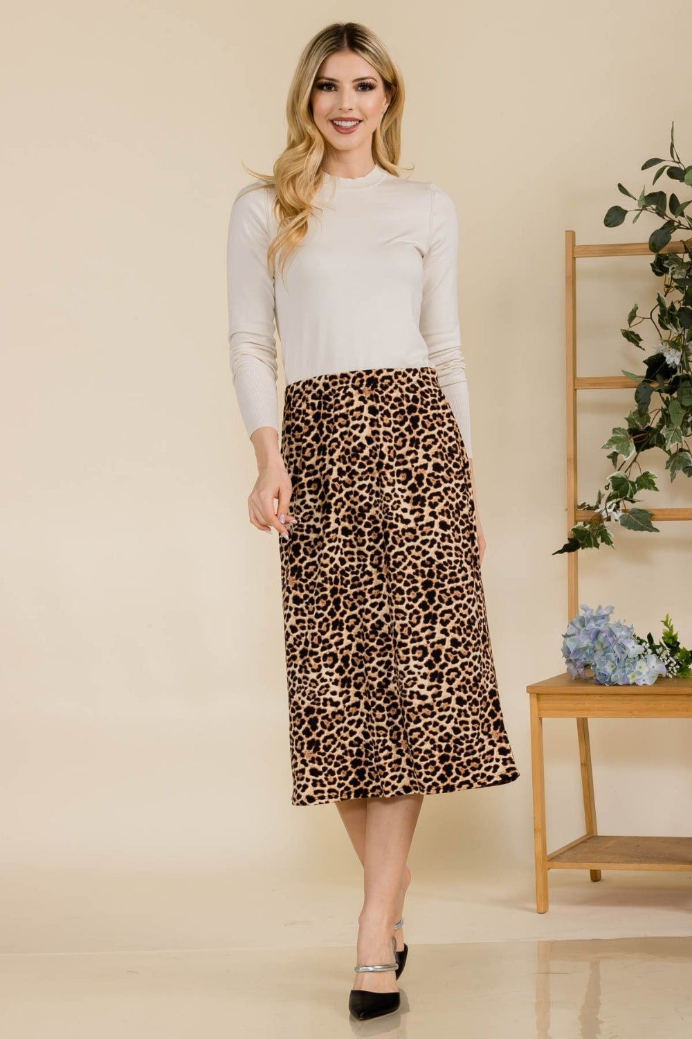 Celeste Full Size Leopard A - Line Midi Skirt - Runway Regalia