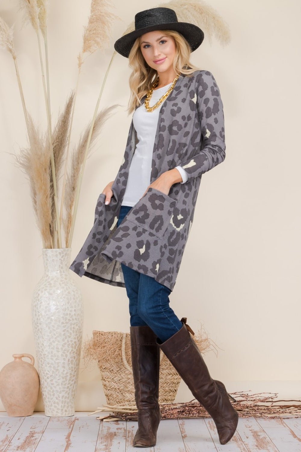 Celeste Full Size Leopard Open Front Contrast Cardigan - Runway Regalia