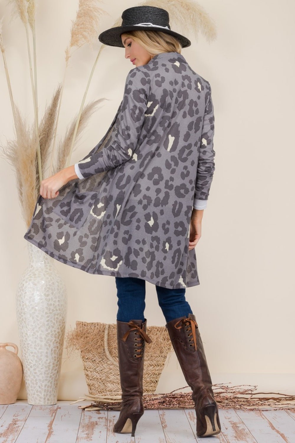 Celeste Full Size Leopard Open Front Contrast Cardigan - Runway Regalia