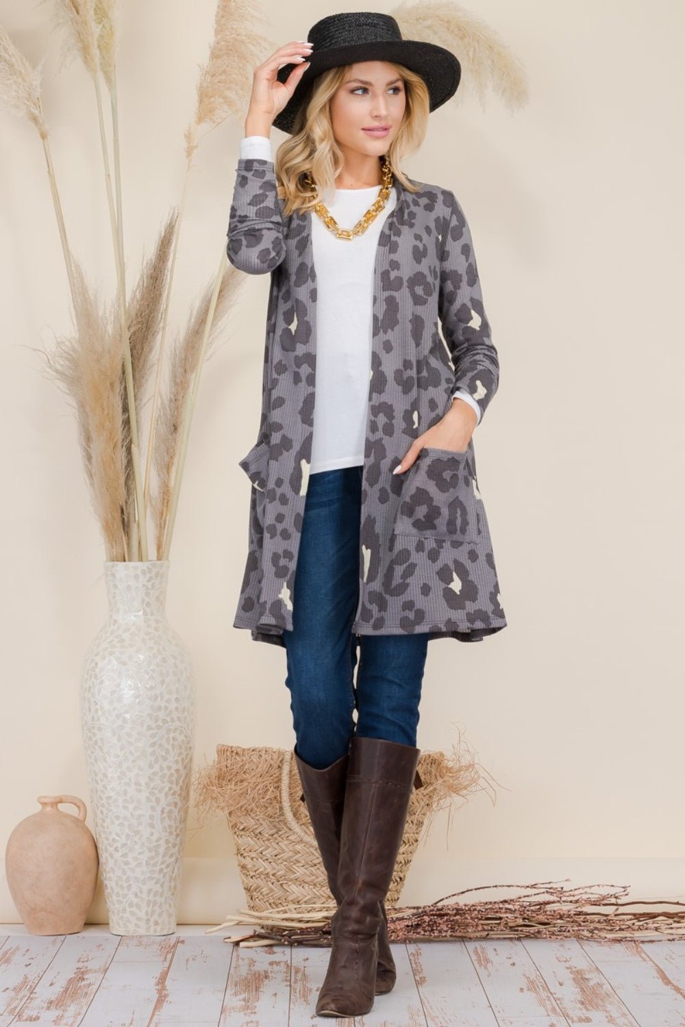 Celeste Full Size Leopard Open Front Contrast Cardigan - Runway Regalia