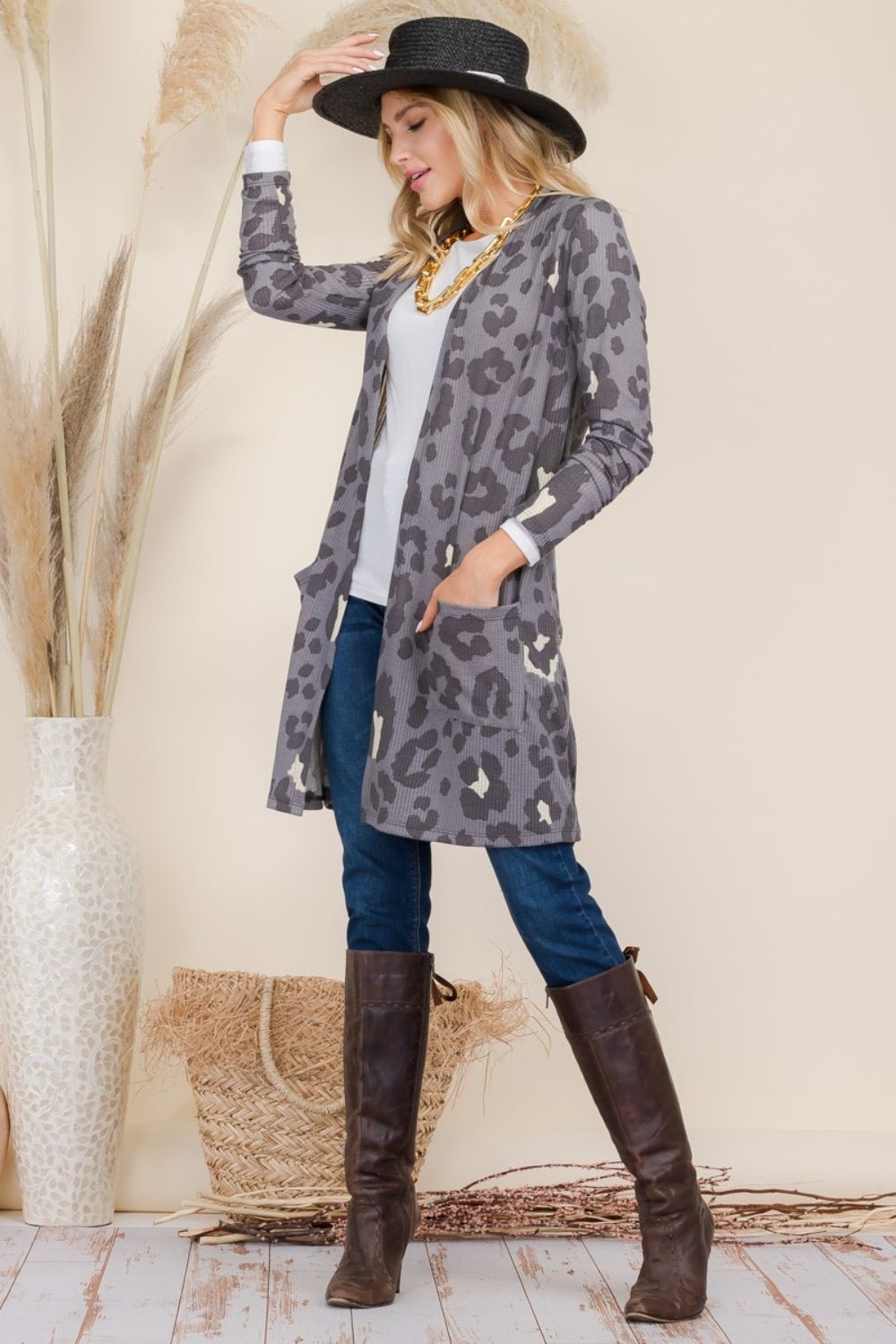 Celeste Full Size Leopard Open Front Contrast Cardigan - Runway Regalia