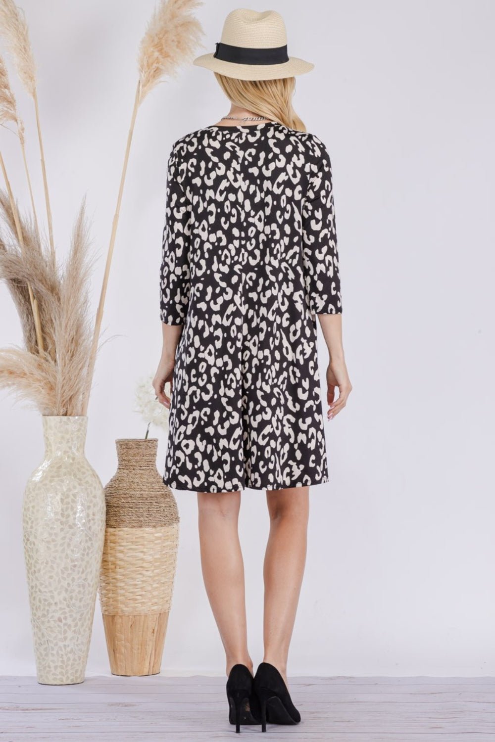 Celeste Full Size Leopard Three - Quarter Sleeve Dress with Pockets - Runway Regalia