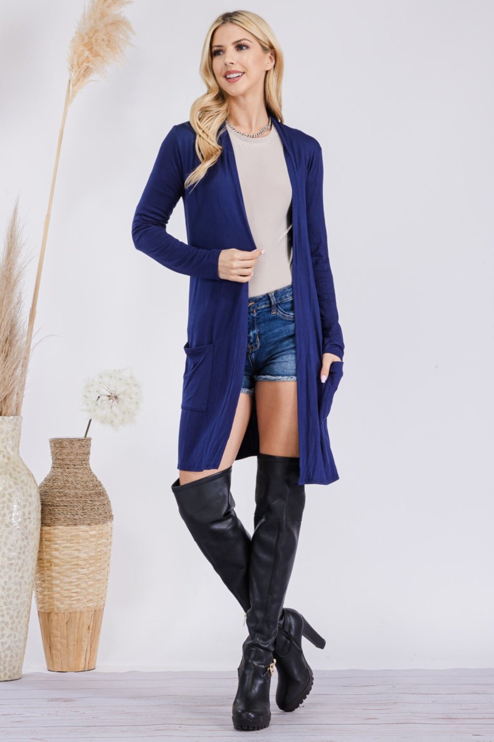 Celeste Full Size Open Front Cardigan with Pockets - Runway Regalia