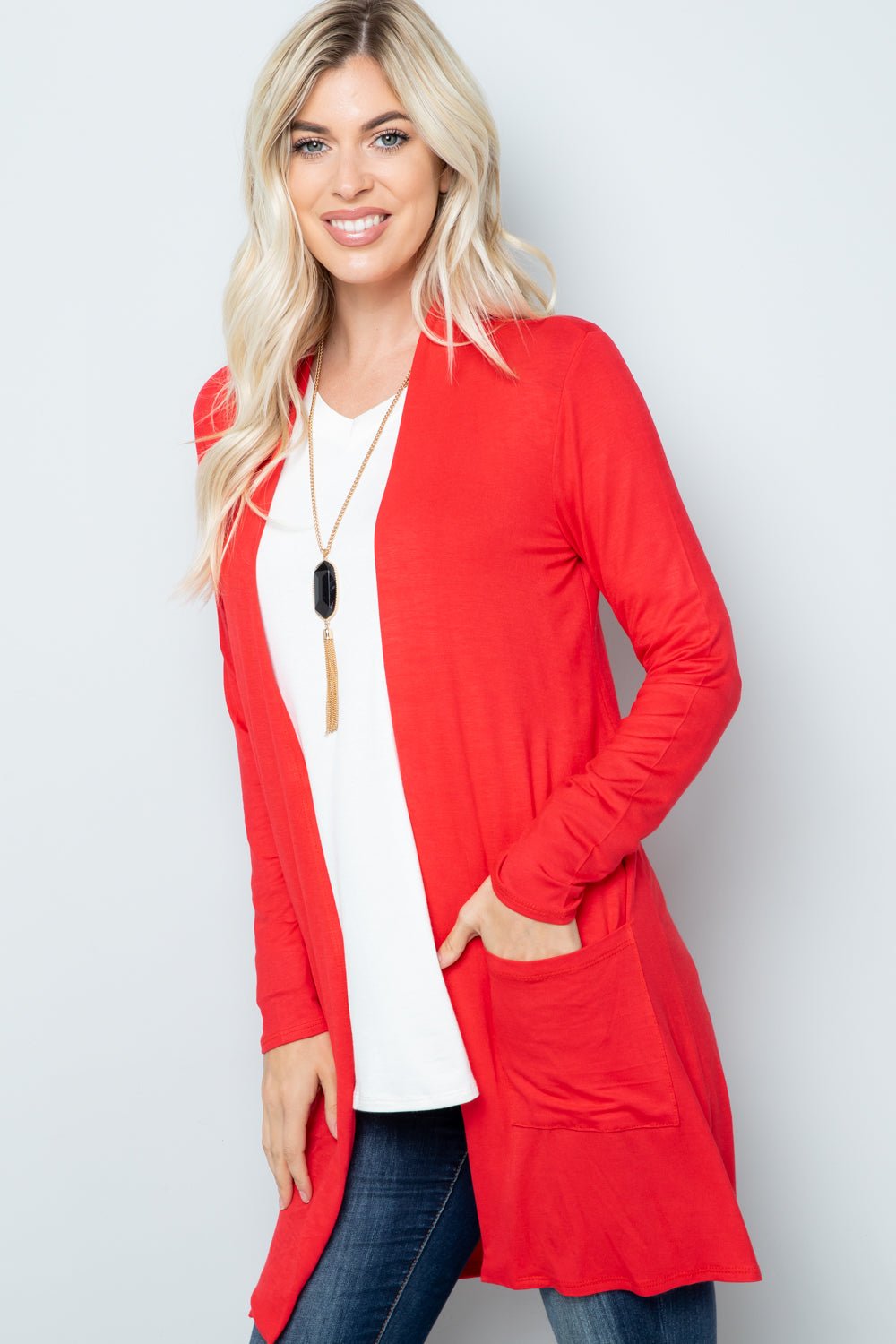 Celeste Full Size Open Front Cardigan with Pockets - Runway Regalia