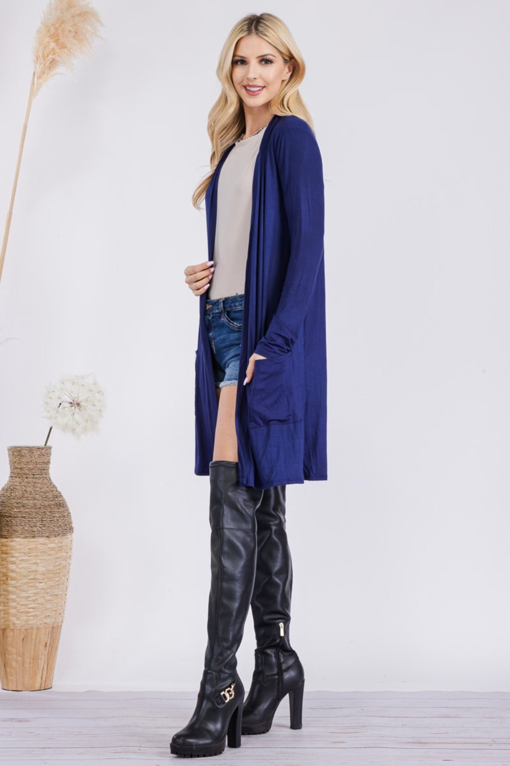 Celeste Full Size Open Front Cardigan with Pockets - Runway Regalia