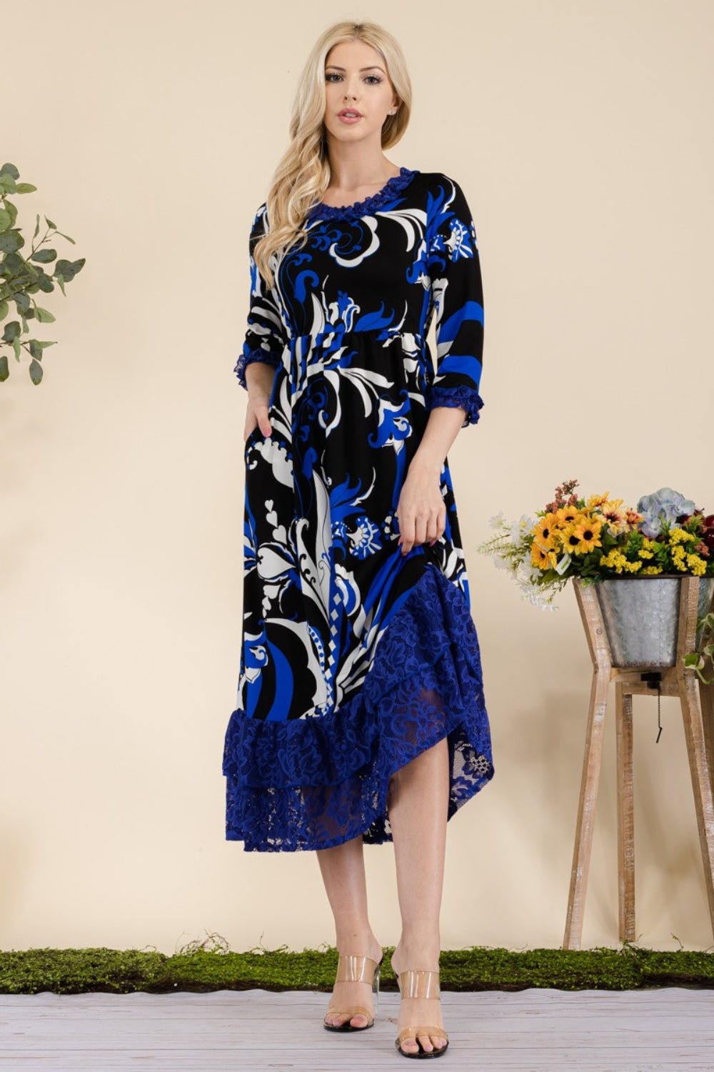 Celeste Full Size Paisley Print Lace Ruffled Midi Dress - Runway Regalia