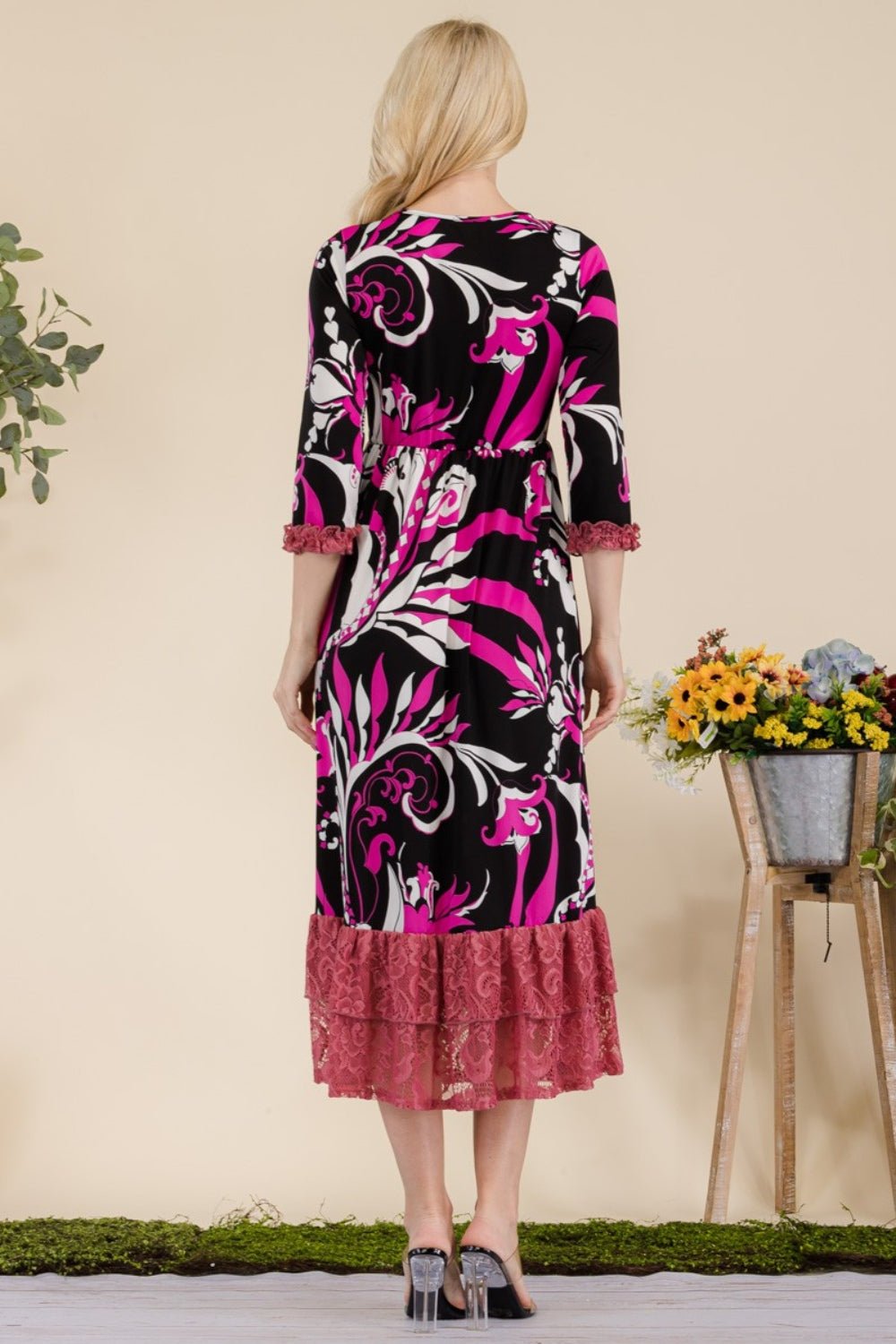 Celeste Full Size Paisley Print Lace Ruffled Midi Dress - Runway Regalia