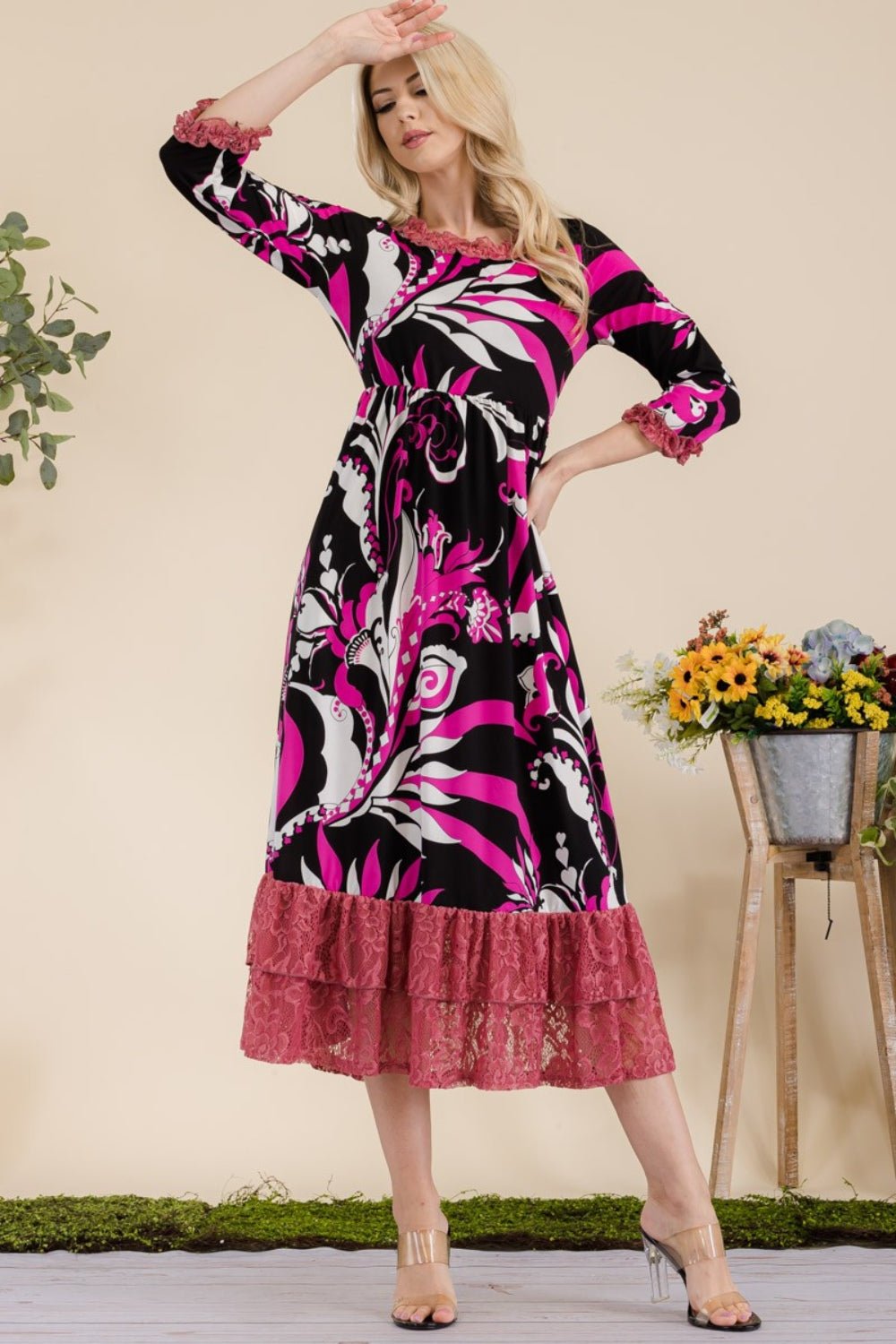 Celeste Full Size Paisley Print Lace Ruffled Midi Dress - Runway Regalia