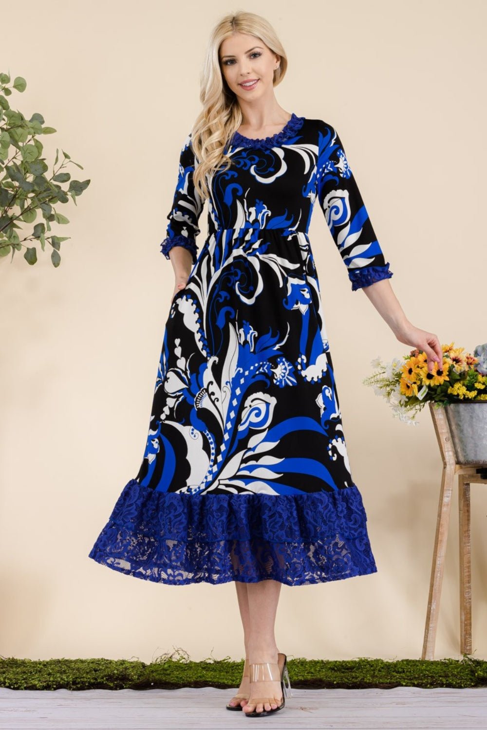 Celeste Full Size Paisley Print Lace Ruffled Midi Dress - Runway Regalia