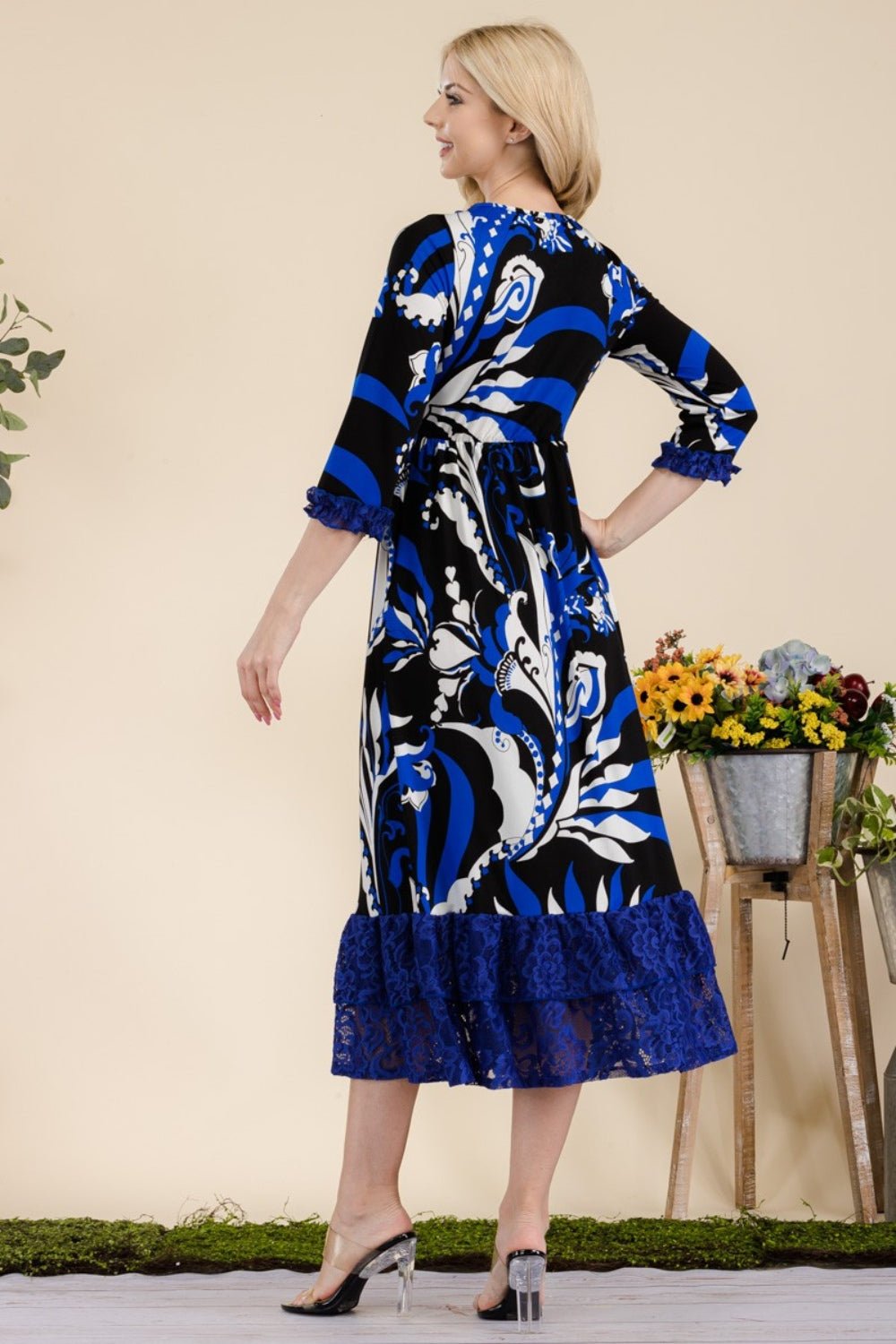 Celeste Full Size Paisley Print Lace Ruffled Midi Dress - Runway Regalia