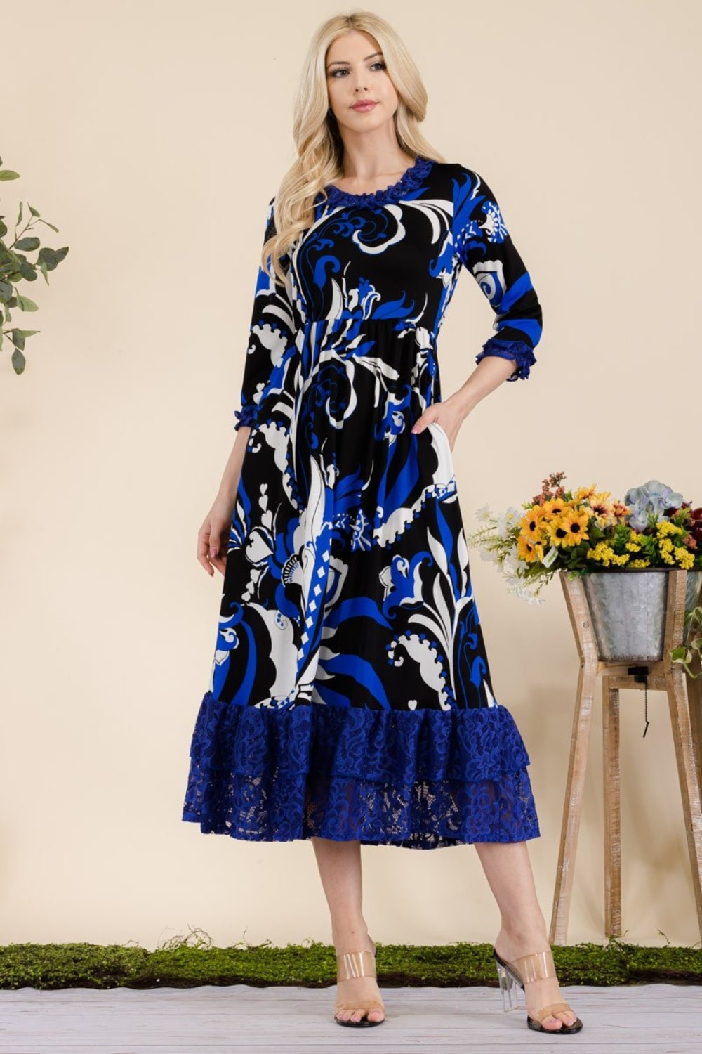 Celeste Full Size Paisley Print Lace Ruffled Midi Dress - Runway Regalia