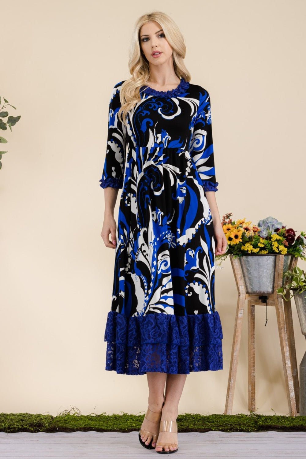 Celeste Full Size Paisley Print Lace Ruffled Midi Dress - Runway Regalia