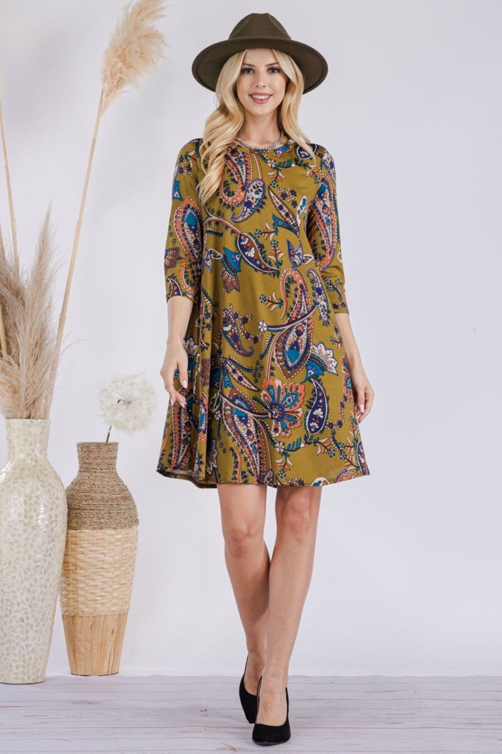 Celeste Full Size Paisley Print Round Neck Dress with Pockets - Runway Regalia