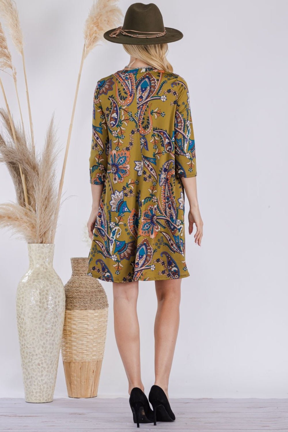 Celeste Full Size Paisley Print Round Neck Dress with Pockets - Runway Regalia