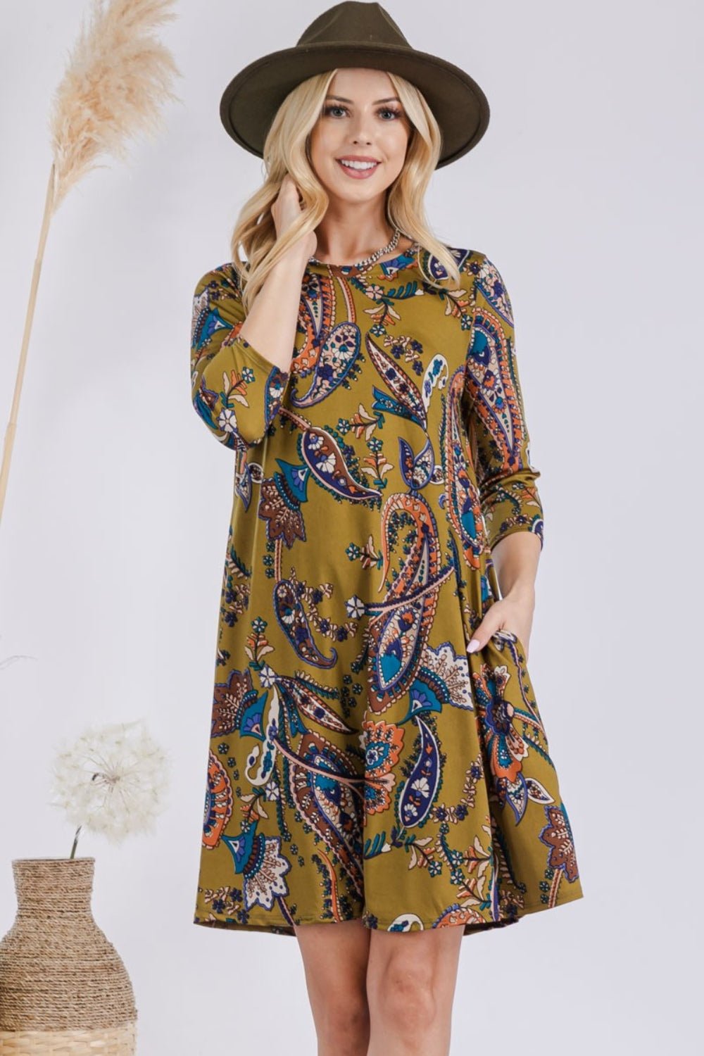 Celeste Full Size Paisley Print Round Neck Dress with Pockets - Runway Regalia