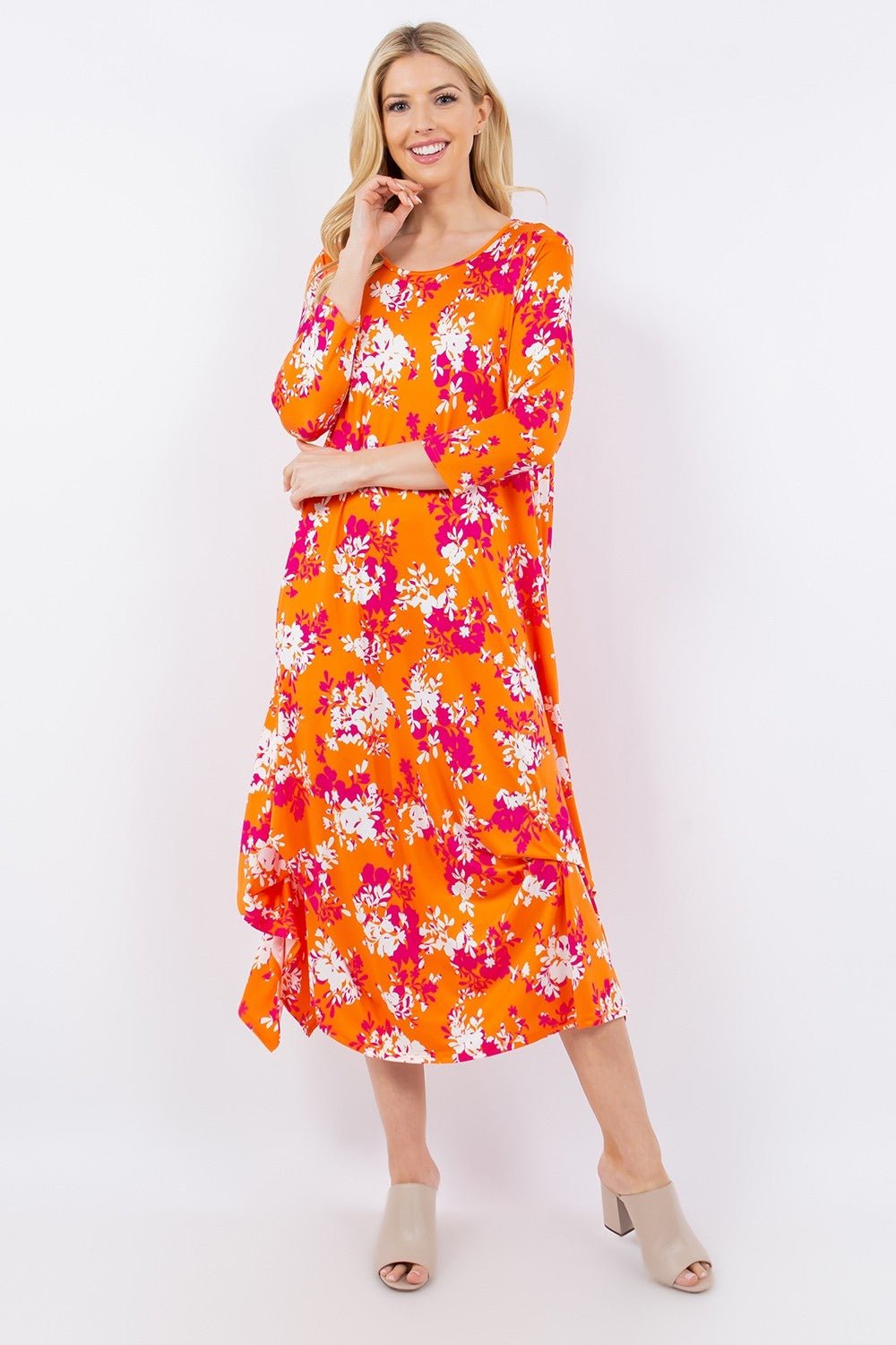 Celeste Full Size Pick - Up Hem Asymmetric Floral Midi Dress - Runway Regalia