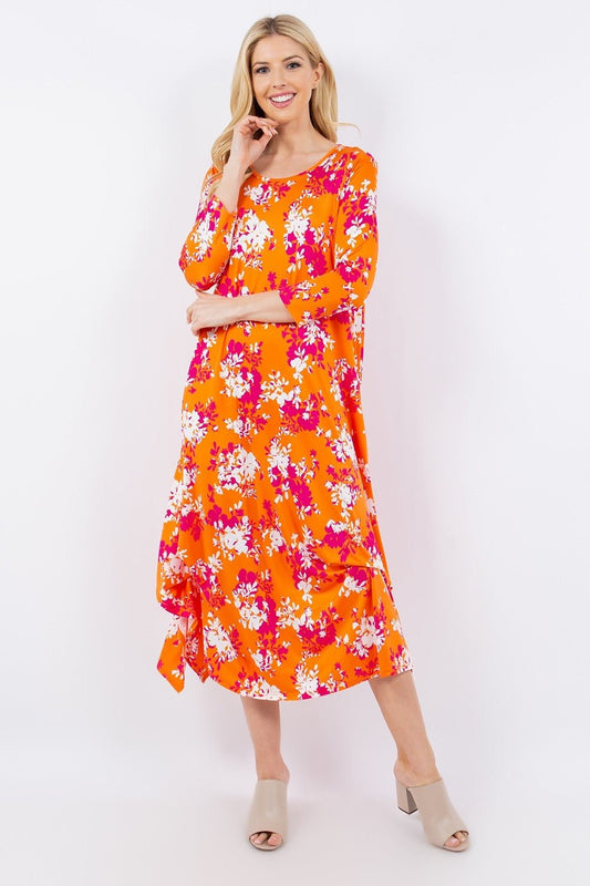 Celeste Full Size Pick - Up Hem Asymmetric Floral Midi Dress - Runway Regalia