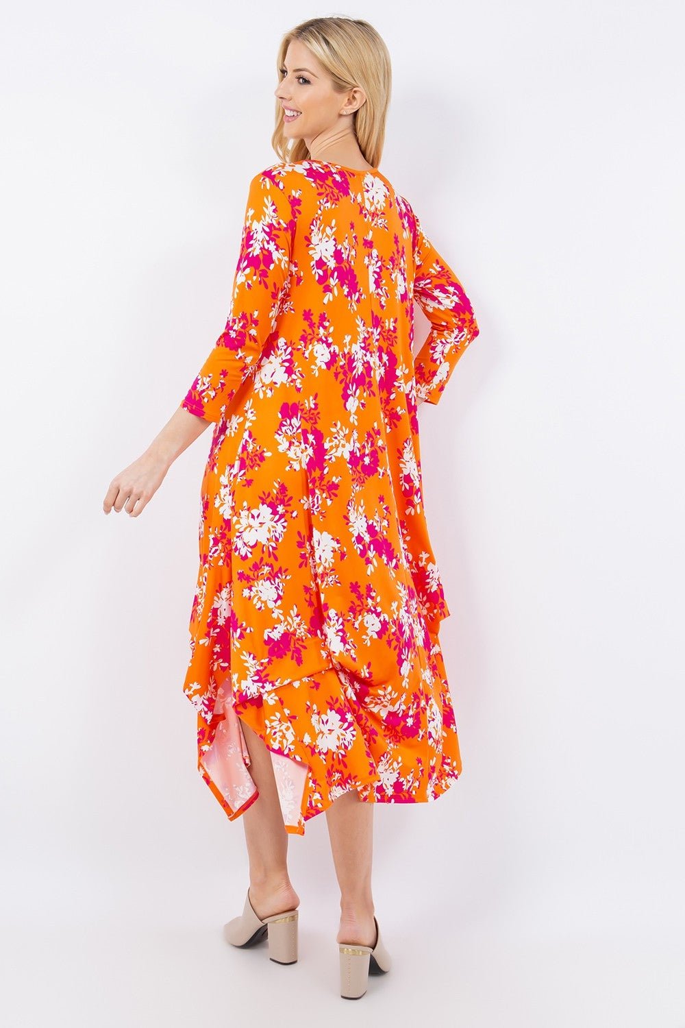 Celeste Full Size Pick - Up Hem Asymmetric Floral Midi Dress - Runway Regalia