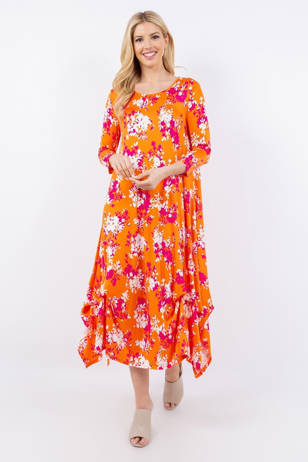 Celeste Full Size Pick - Up Hem Asymmetric Floral Midi Dress - Runway Regalia