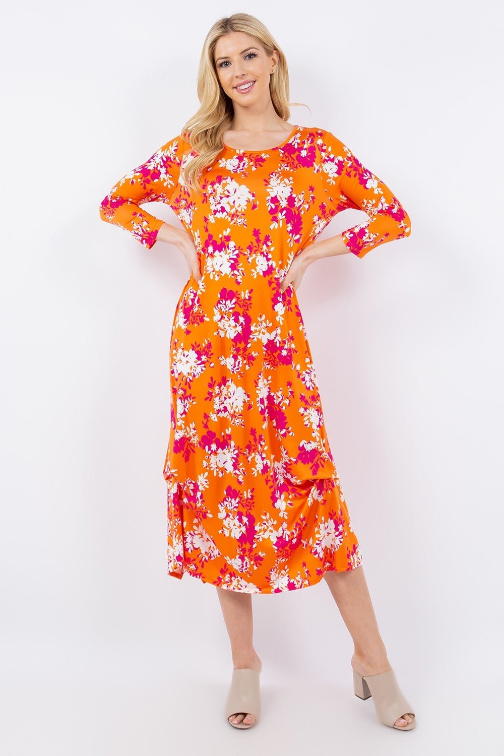 Celeste Full Size Pick - Up Hem Asymmetric Floral Midi Dress - Runway Regalia