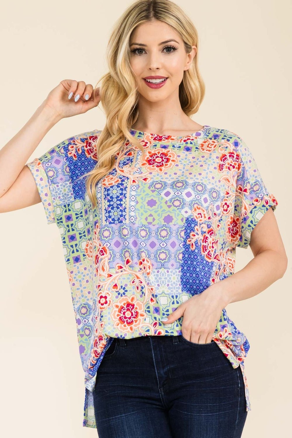 Celeste Full Size Round Neck Short Sleeve Floral T-Shirt - Runway Regalia