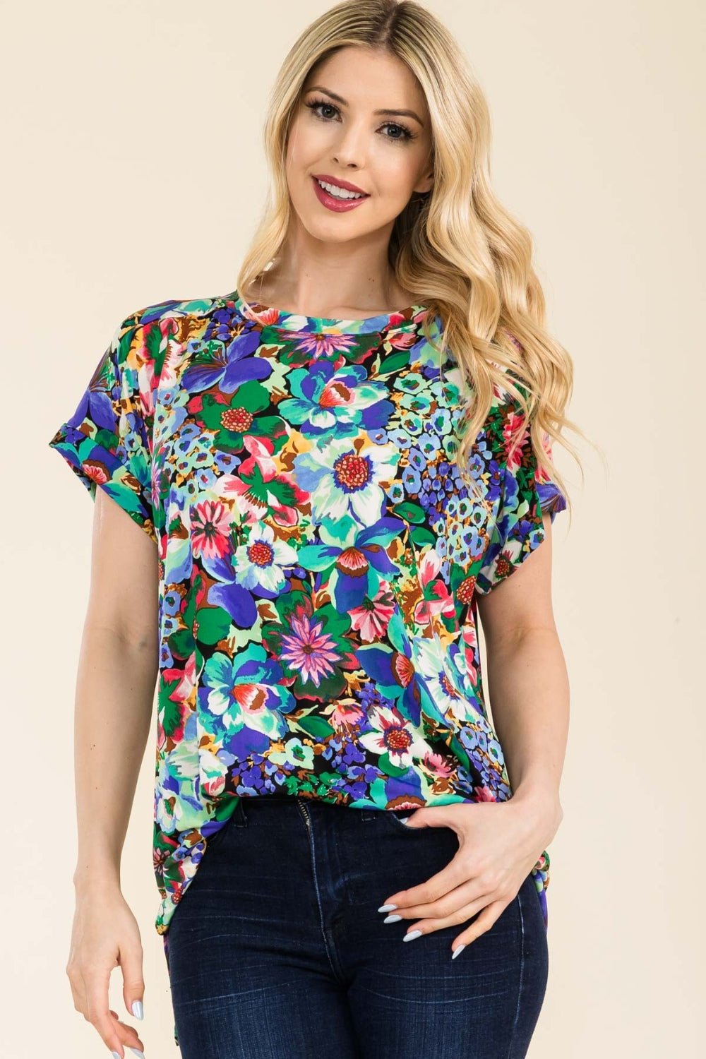 Celeste Full Size Round Neck Short Sleeve Floral T-Shirt - Runway Regalia