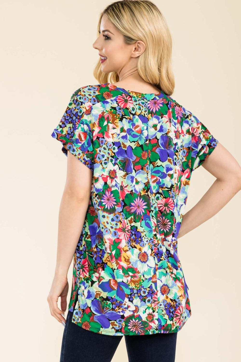 Celeste Full Size Round Neck Short Sleeve Floral T-Shirt - Runway Regalia