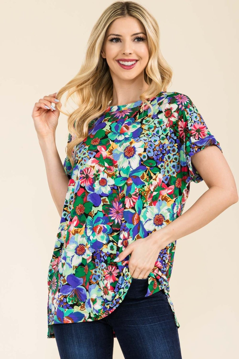 Celeste Full Size Round Neck Short Sleeve Floral T-Shirt - Runway Regalia