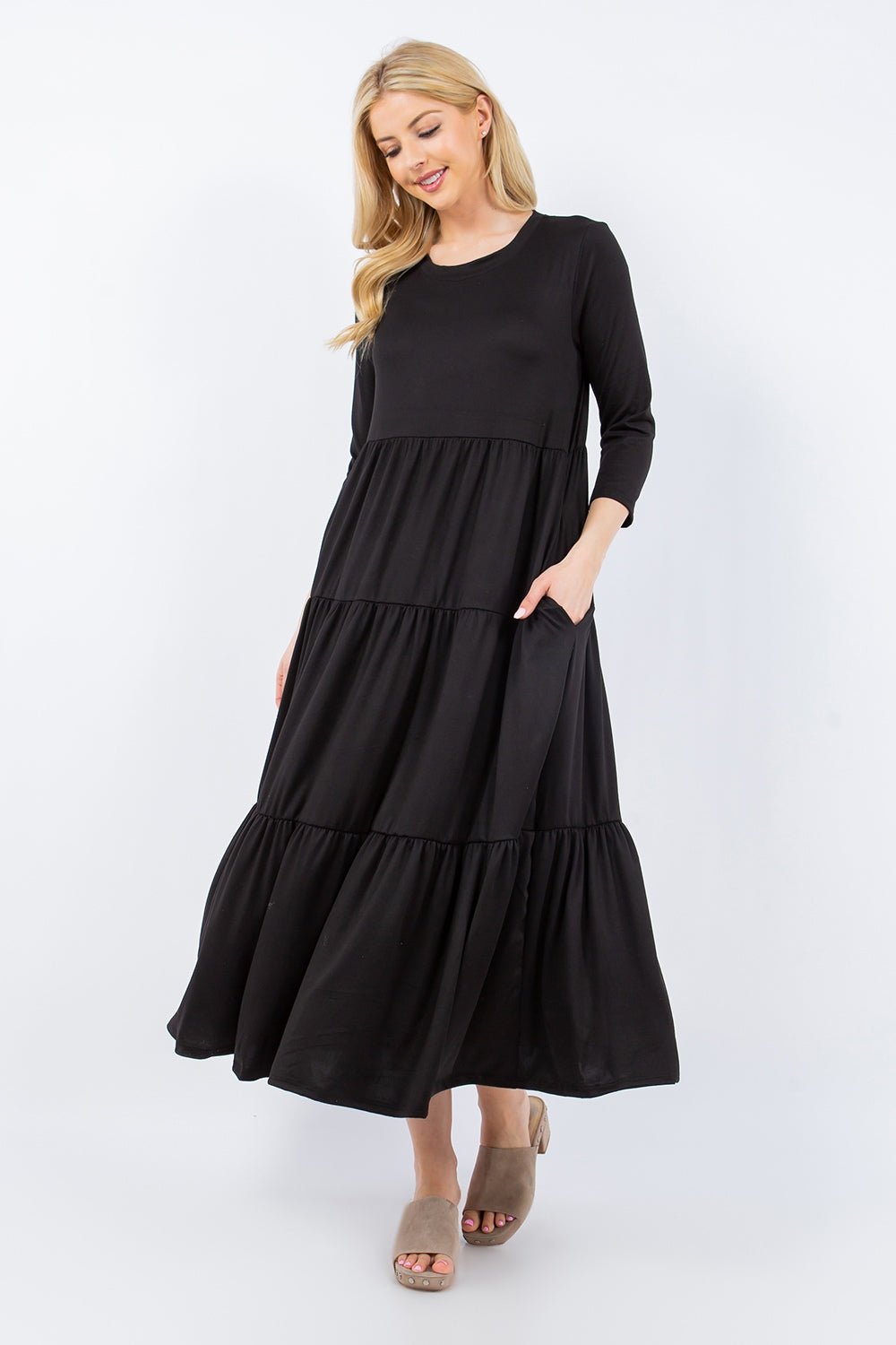 Celeste Full Size Tiered Midi Dress with Pockets - Runway Regalia