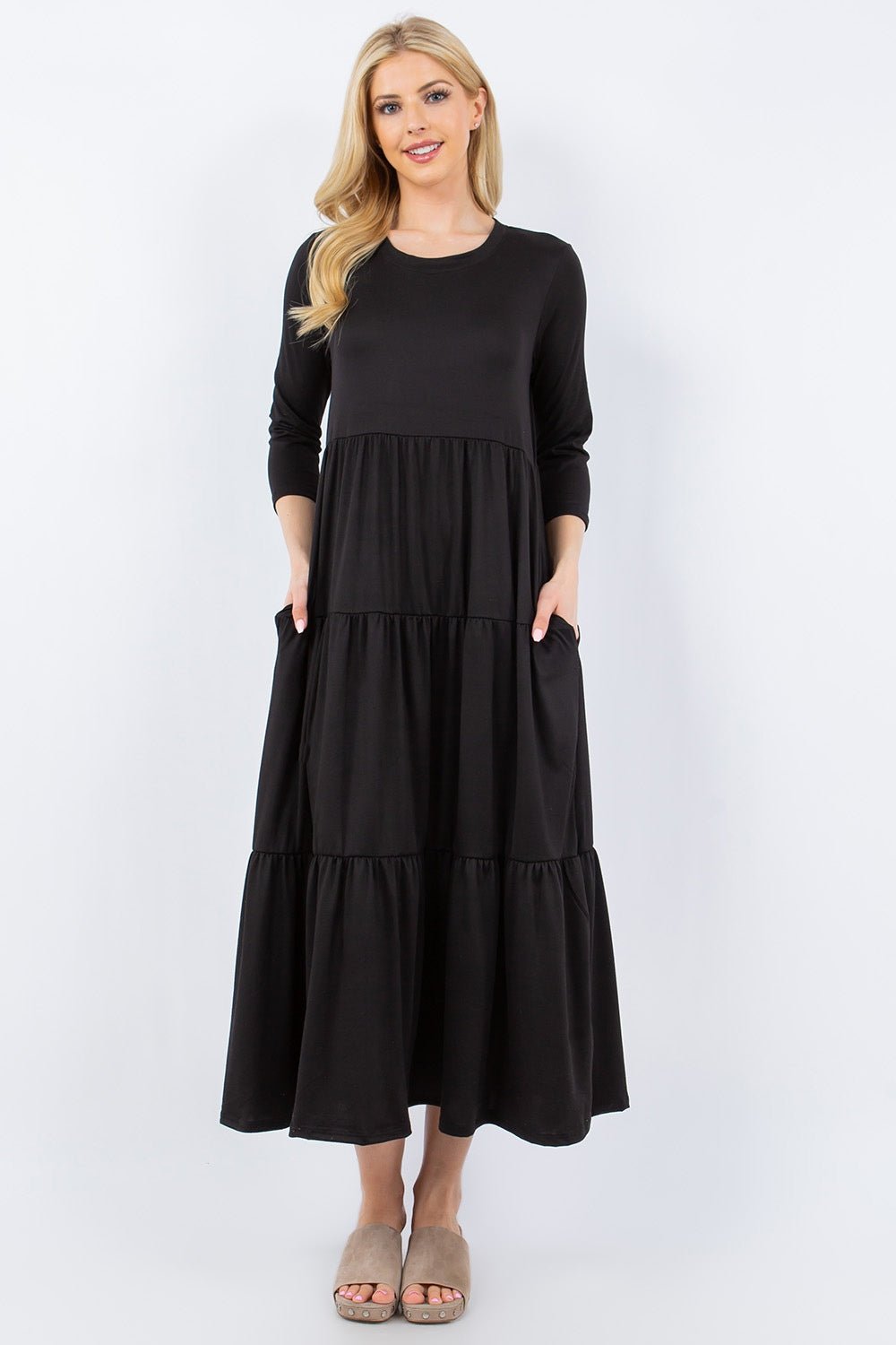 Celeste Full Size Tiered Midi Dress with Pockets - Runway Regalia