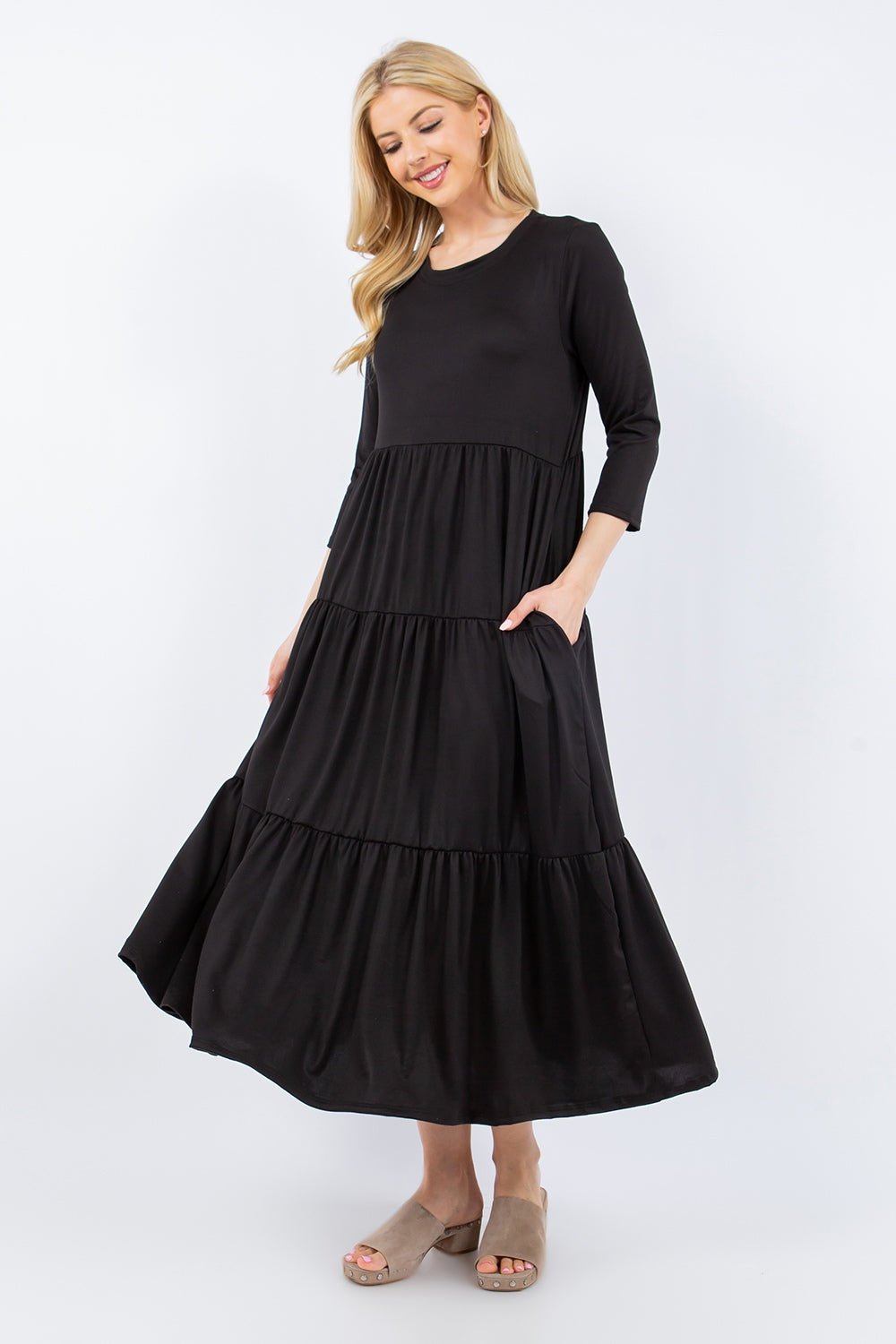 Celeste Full Size Tiered Midi Dress with Pockets - Runway Regalia