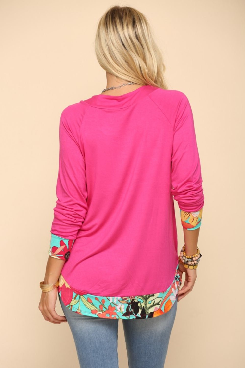 Celeste Full Size Tropical Print Long Sleeve T-Shirt - Runway Regalia