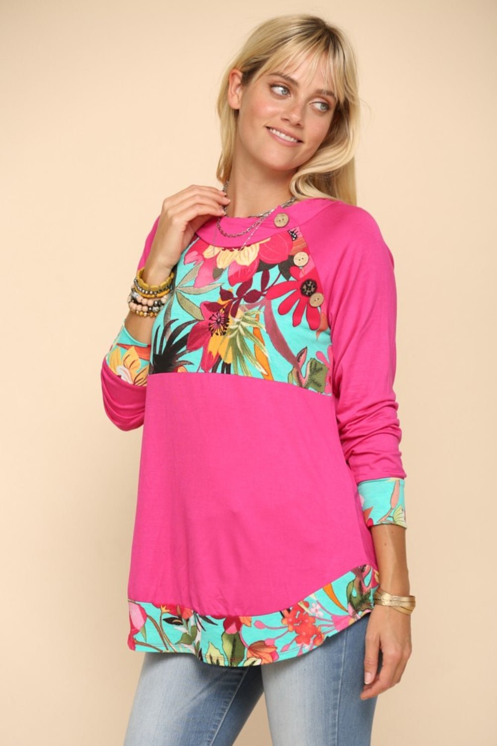 Celeste Full Size Tropical Print Long Sleeve T-Shirt - Runway Regalia