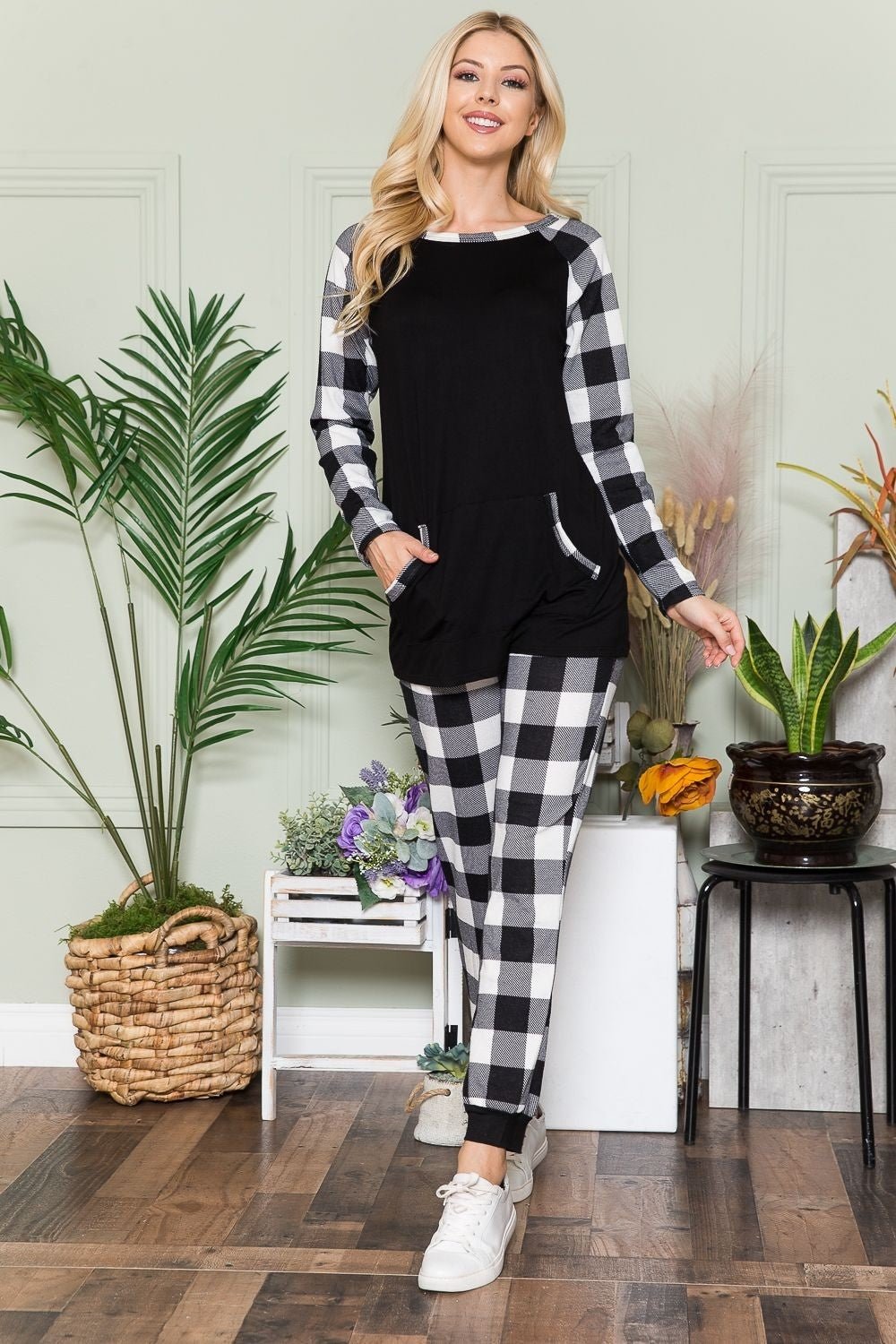 Celeste Plaid Long Sleeve T-Shirt with Pockets - Runway Regalia