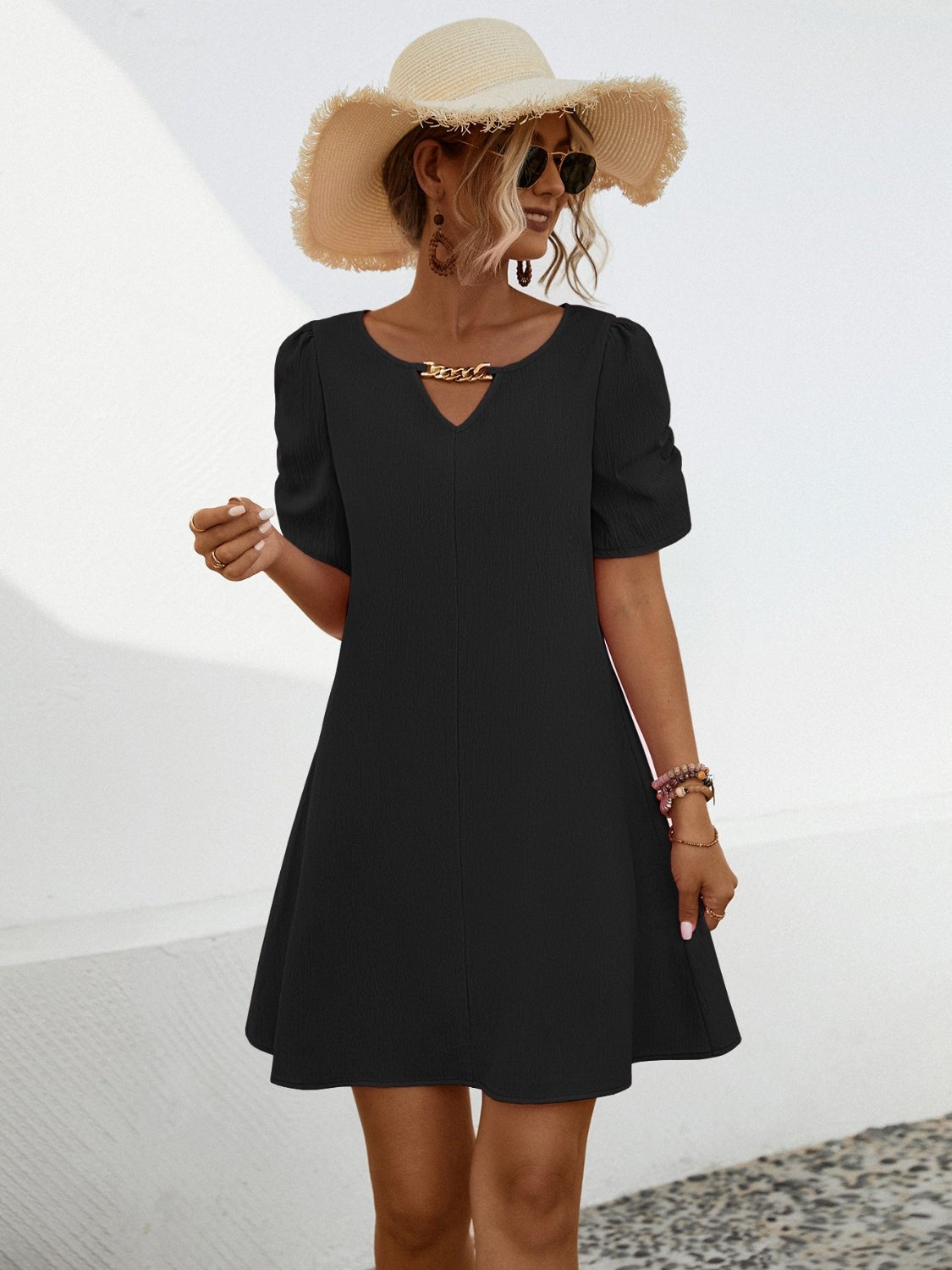 Chain Notched Short Sleeve Dress - Runway Regalia