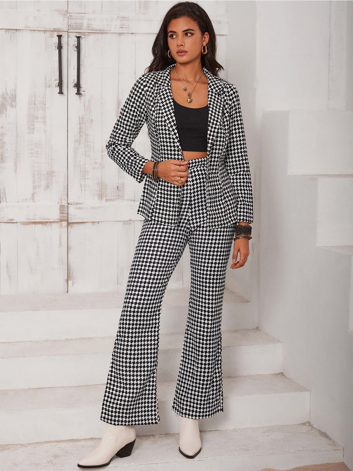 Checkered Blazer & Slit Pants Set - Runway Regalia