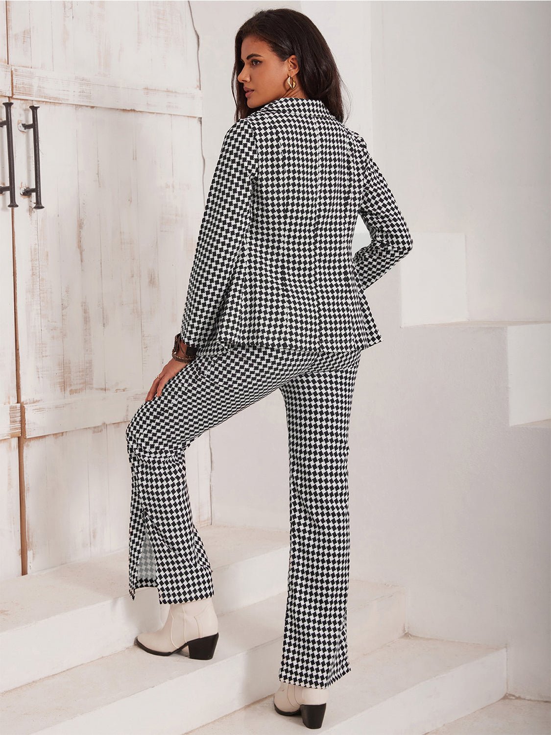 Checkered Blazer & Slit Pants Set - Runway Regalia