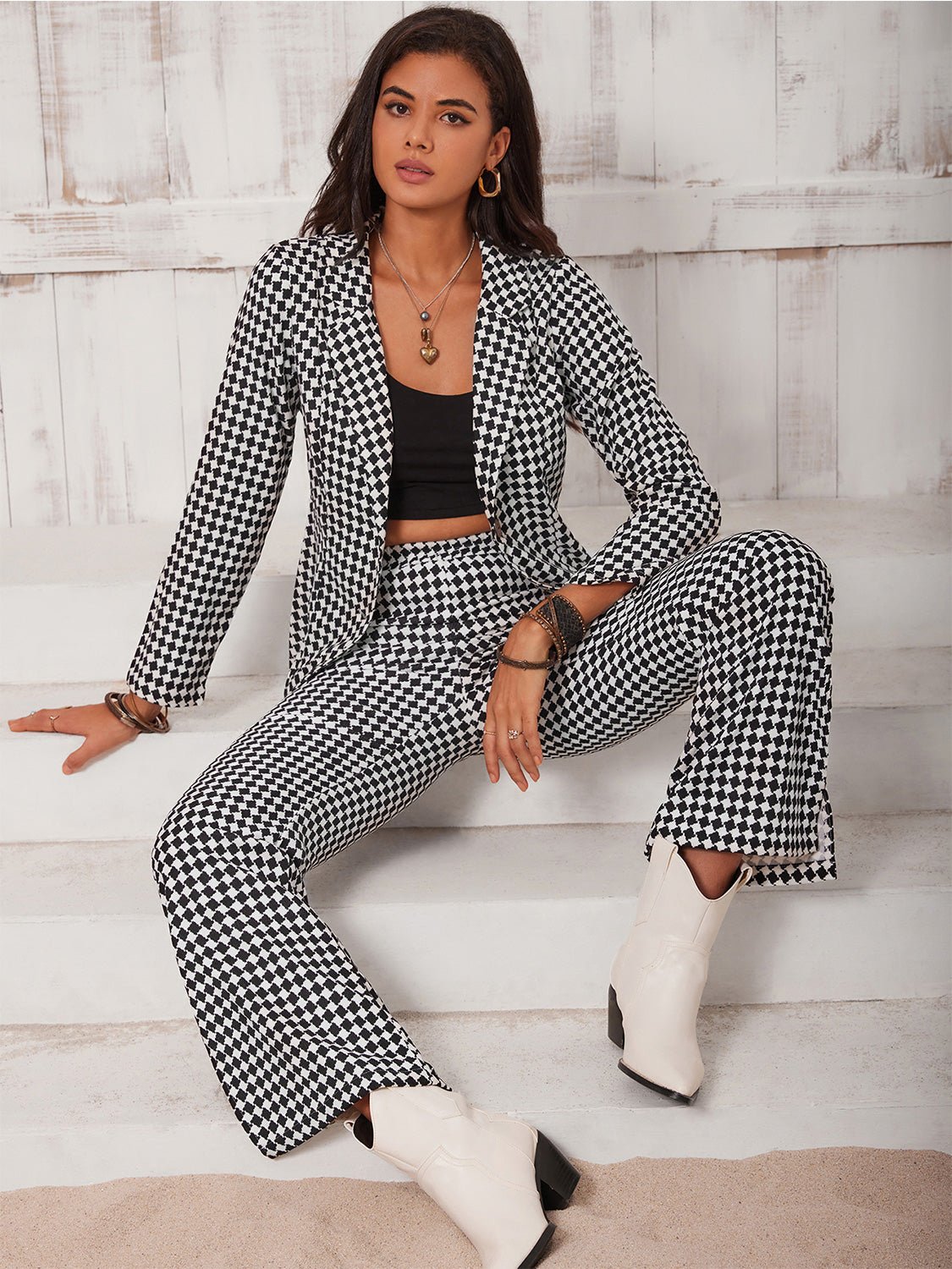 Checkered Blazer & Slit Pants Set - Runway Regalia