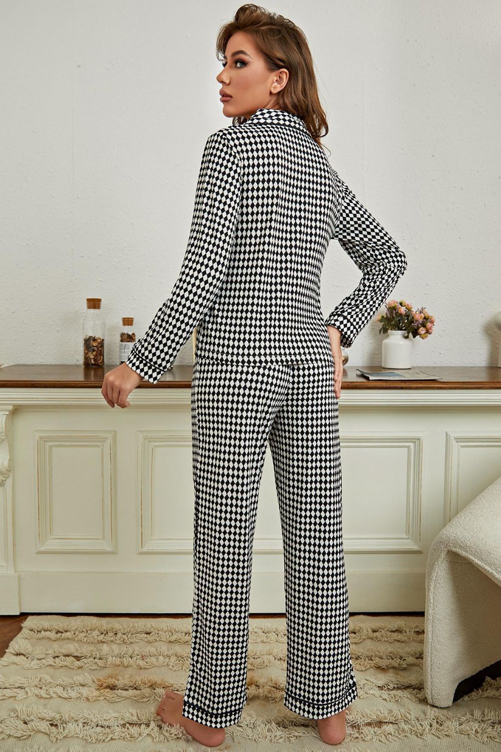 Checkered Button Front Top and Pants Loungewear Set - Runway Regalia