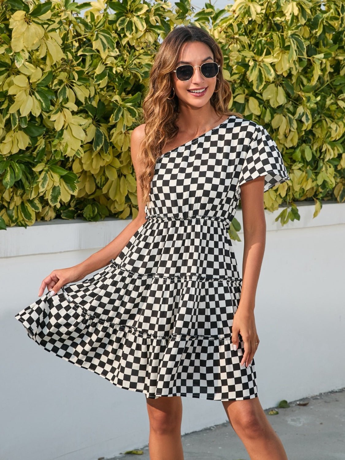 Checkered Single Shoulder Mini Dress - Runway Regalia