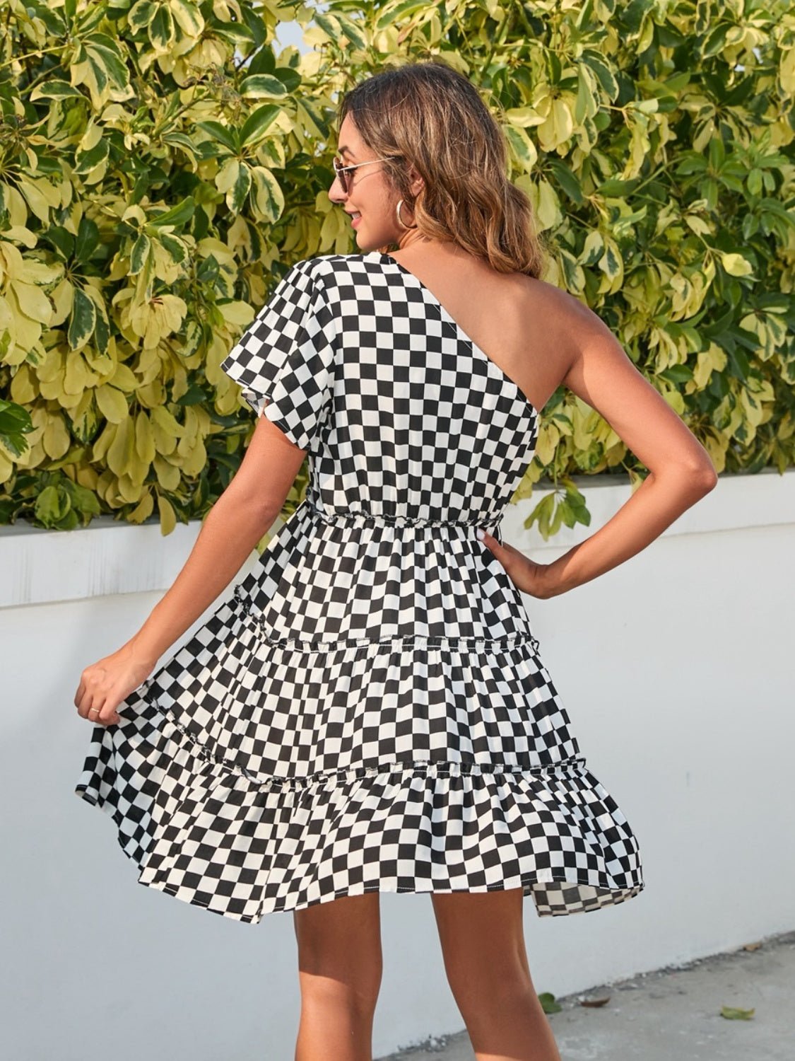 Checkered Single Shoulder Mini Dress - Runway Regalia