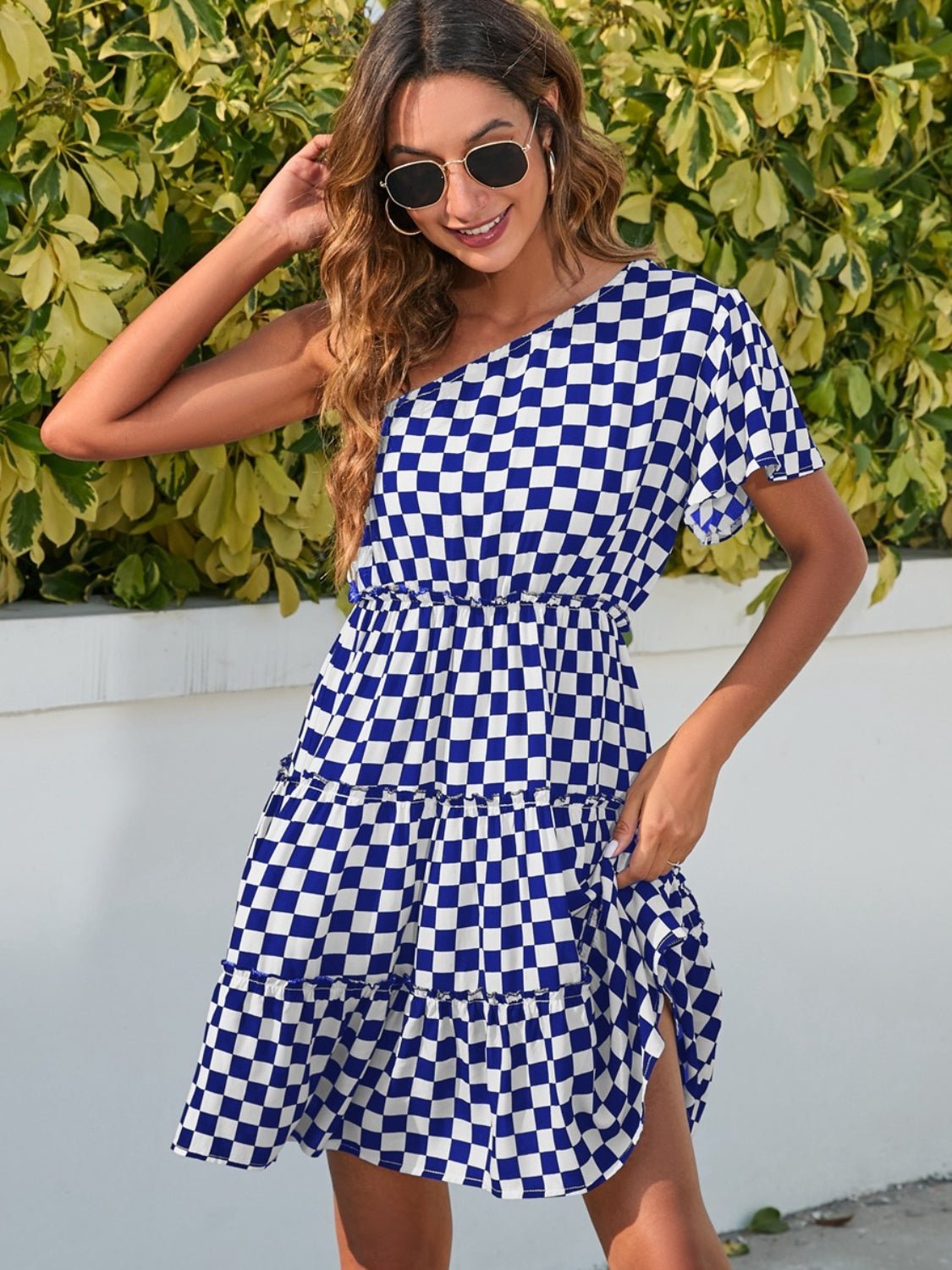 Checkered Single Shoulder Mini Dress - Runway Regalia