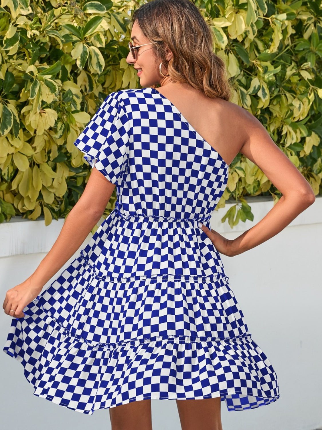 Checkered Single Shoulder Mini Dress - Runway Regalia